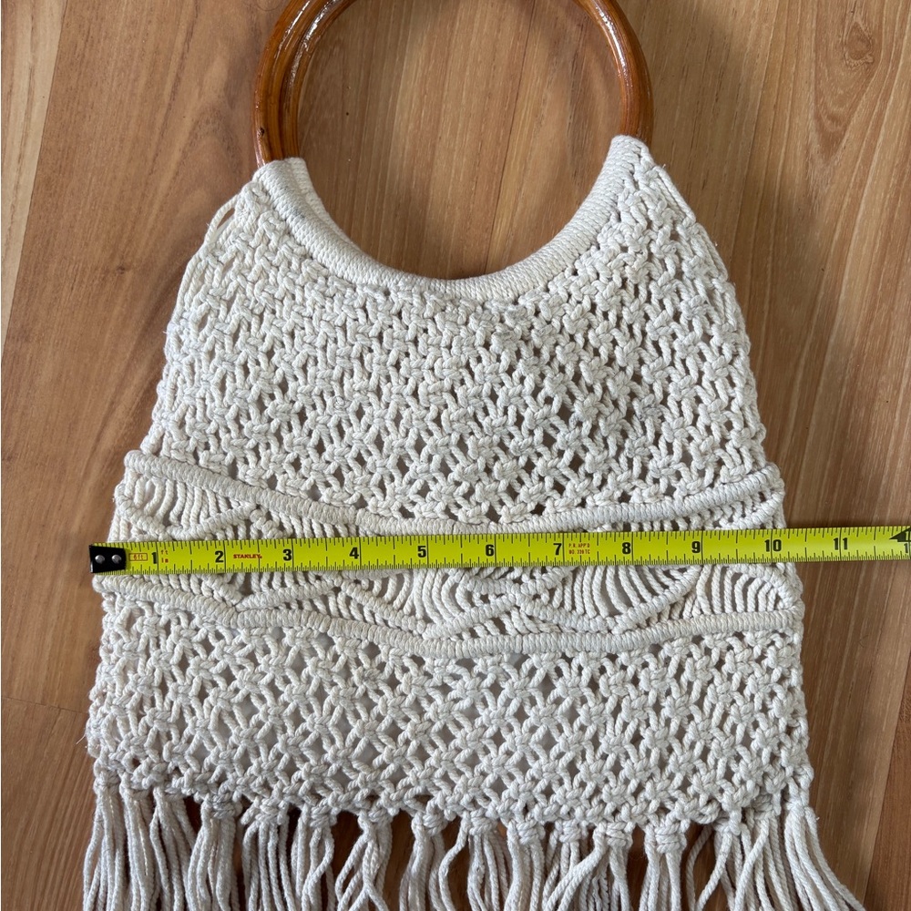 Cream Macrame Fringe Handbag with Wooden Round Handles - Picture 8 of 8